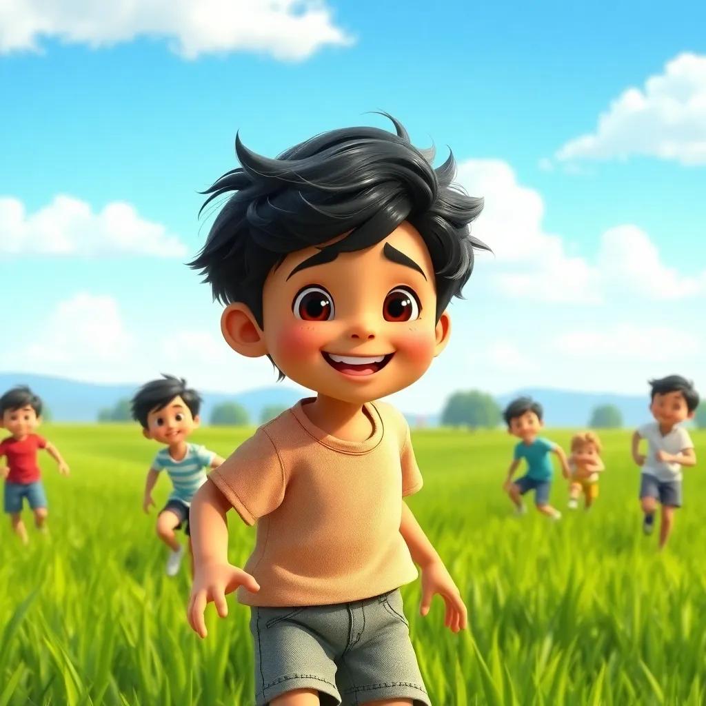A cheerful boy, Khaled, with dark hair wearing a simple shirt and shorts, playing with friends in a green field under a blue sky, joyful atmosphere, bright colors, playful mood, high quality