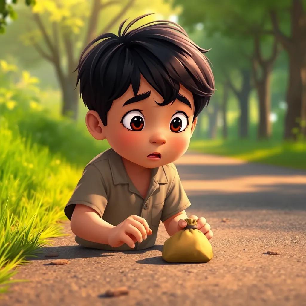 A young boy, Khaled, with dark hair in a simple shirt, finding a small bag on the road, looking surprised and curious, surrounded by green grass and trees, warm light, realistic illustration, uplifting mood