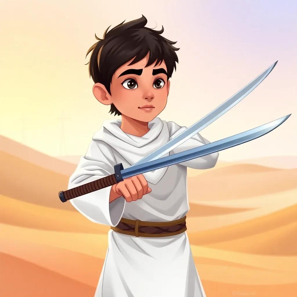 A young Arab boy, Khalid, with short dark hair, wearing a traditional white thobe, practicing with a sword in a desert, determined expression, digital art, vibrant colors, inspiring atmosphere, high quality