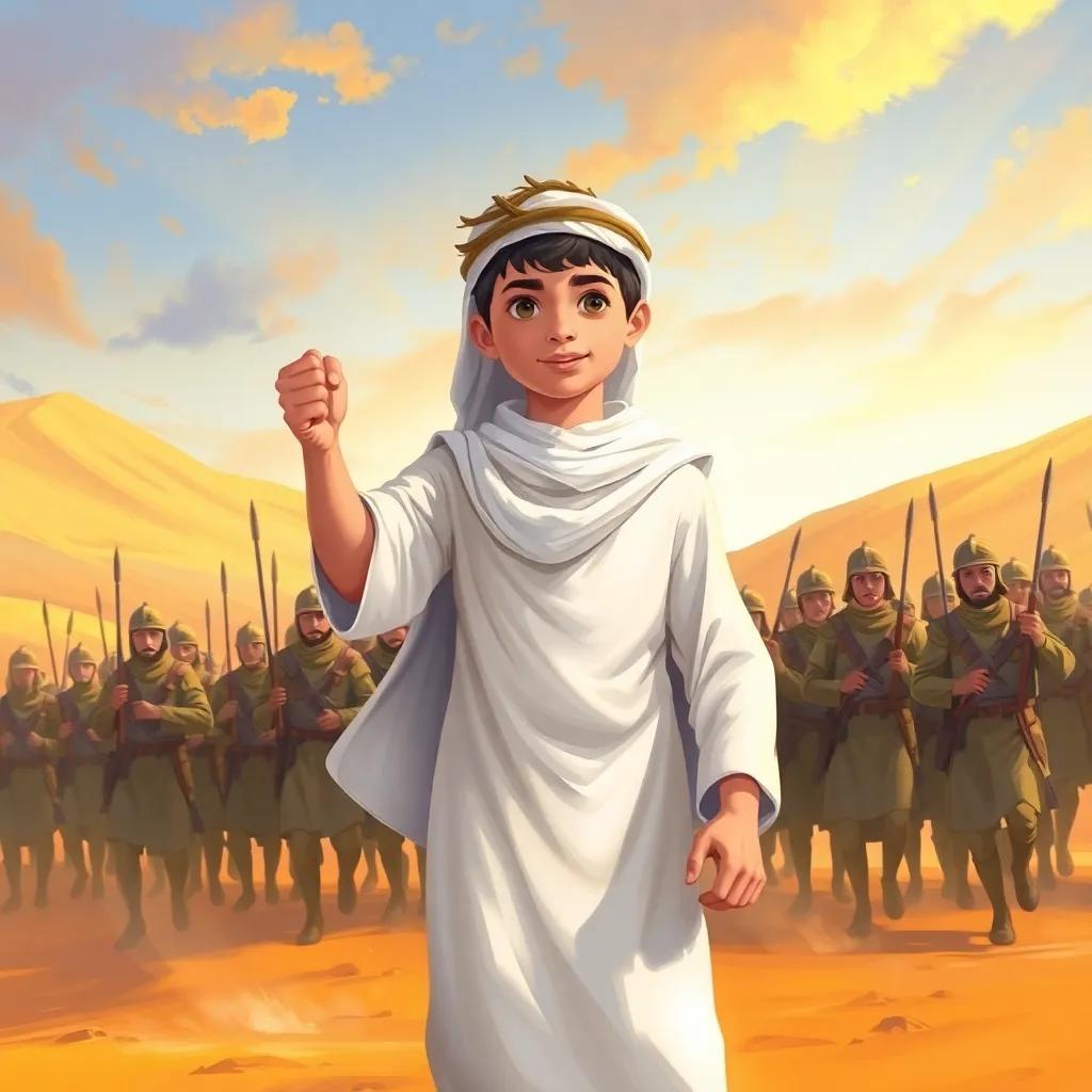 Khalid, a young Arab boy in a white thobe, confidently leading an army in a desert landscape with soldiers behind him, full of courage and determination, digital painting, warm light, epic scene, high quality