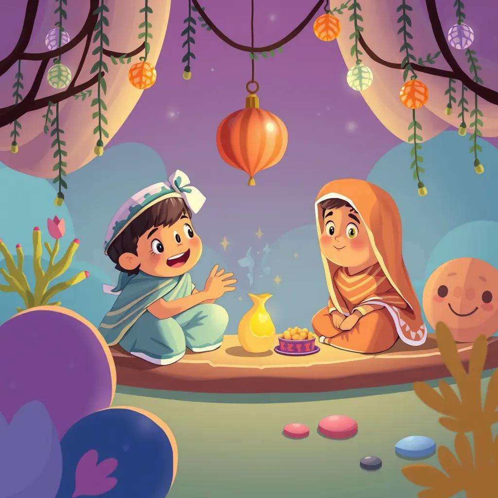 خالد وبندر، خالد يجلس على العشب برجاء كرة قدم، بينما Bandar يجلس بجانبه مبتسم، الزهور الملونة تحيط بهم، ضوء النهار، صورة لطيفة، digital illustration, child-friendly, vibrant colors