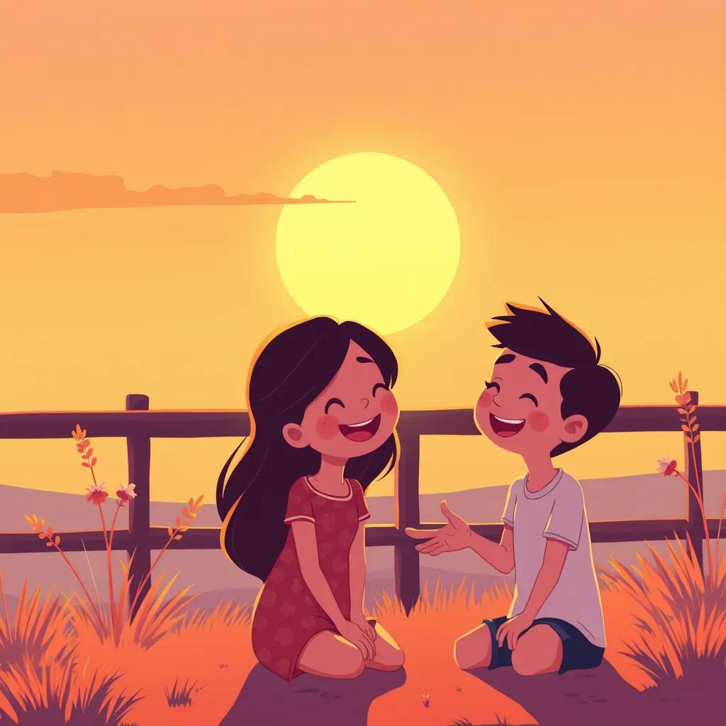 خالد وبندر يعودان إلى المنزل، خالد يحمل الكرة، وبندر يتبع، في جو دافئ ومبهج، sunset light, happy moment, illustration, warm colors, friendly scene
