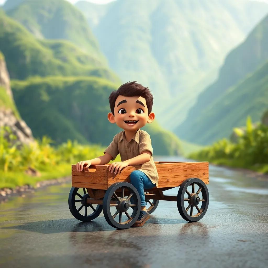 A young Arab boy, Khaled, with short curly hair, wearing a simple shirt and jeans, smiling excitedly while playing with a wooden cart on a wet road, surrounded by lush green mountains, bright sunlight, cheerful atmosphere, child-friendly, high quality.