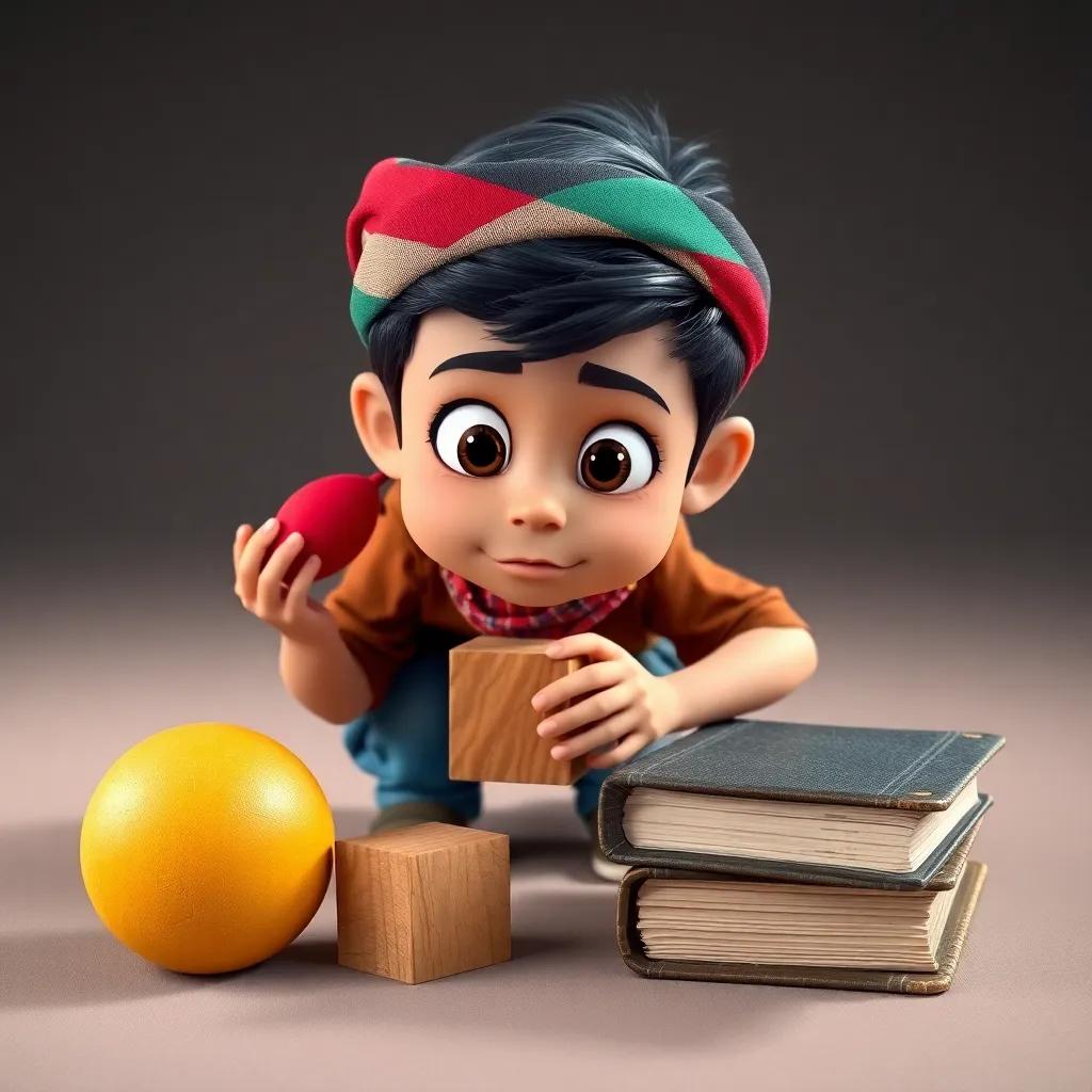 A young Arab boy, Khaled, feeling curious, kneeling down with a rubber ball, wooden block, and a heavy book on a smooth surface and a rough surface, showing an expression of wonder, vibrant colors, education-themed, digital art.