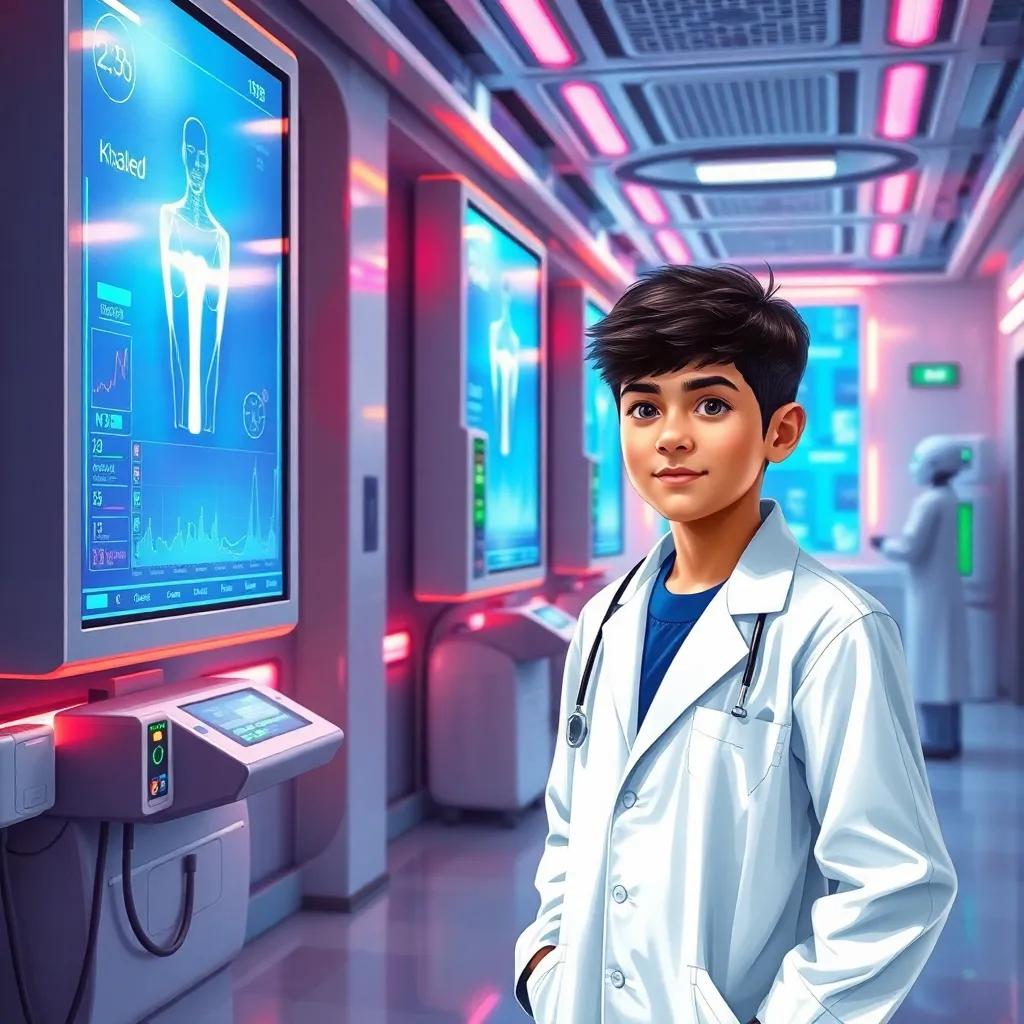 A futuristic city hospital with large screens and robotic doctors, a young Arab boy, Khaled, with short dark hair wearing a lab coat, confidently standing next to an advanced health monitor, vibrant and colorful, digital art, bright lighting, lively atmosphere, high quality
