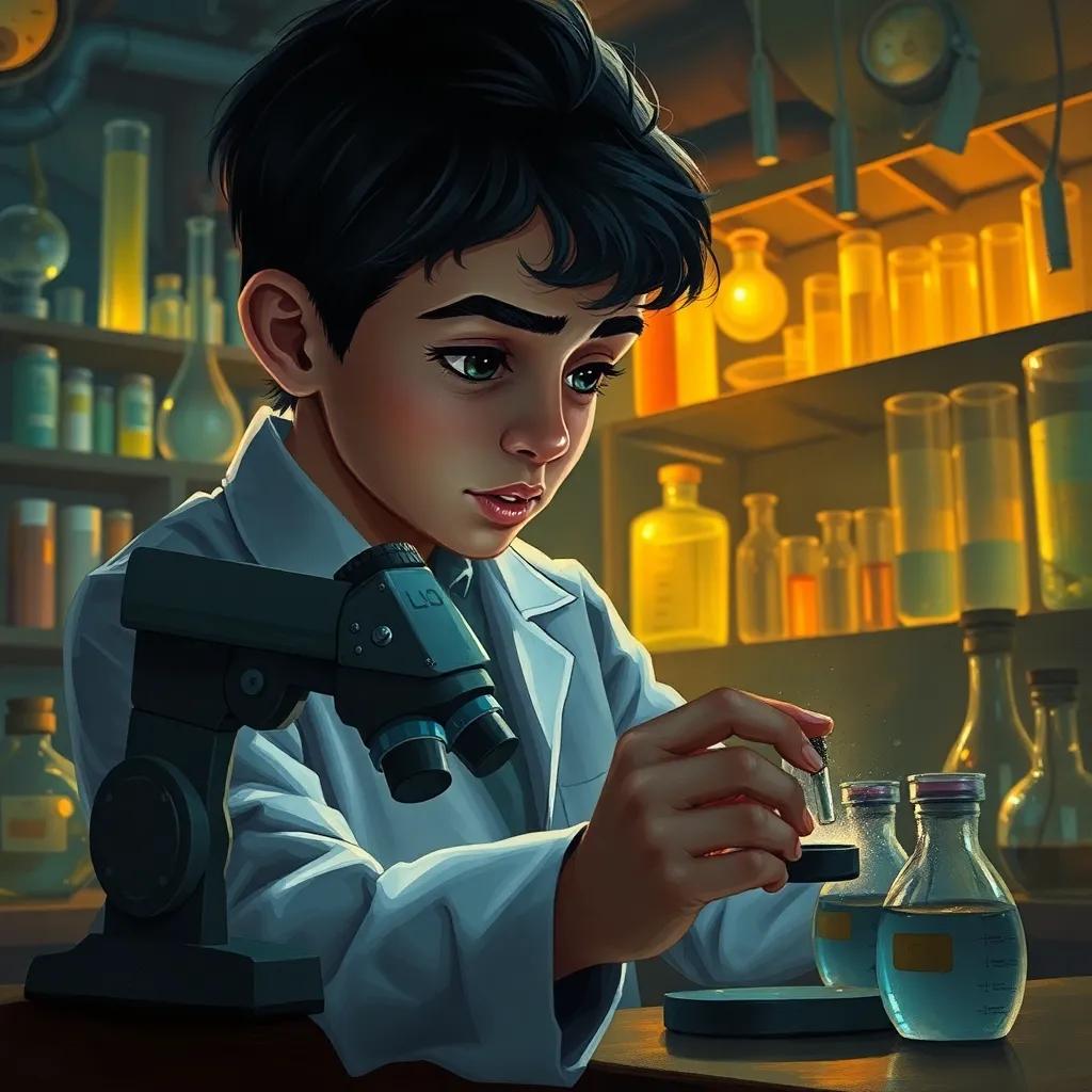 Khaled, a young Arab boy, with short dark hair wearing a lab coat, in a secret laboratory filled with glowing test tubes and samples, determinedly examining a rare germ under a microscope, atmospheric with scientific elements, detailed illustration, warm colors, engaging scene, high quality