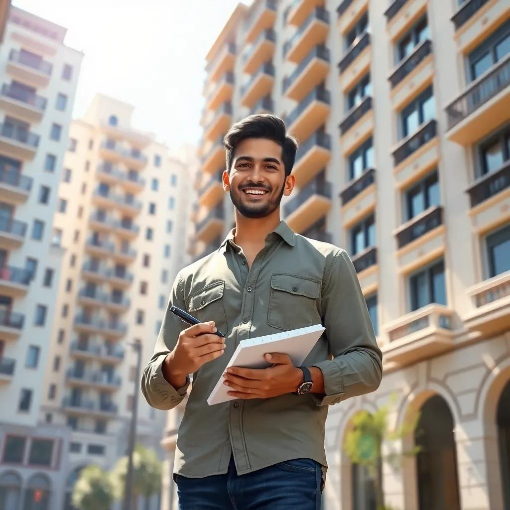 A cheerful young Arab man, خالد, with short black hair, wearing a casual shirt and jeans, holding a notebook and pen, standing in front of a tall building with apartments, bright sunlight, urban setting, welcoming atmosphere, digital art, high quality