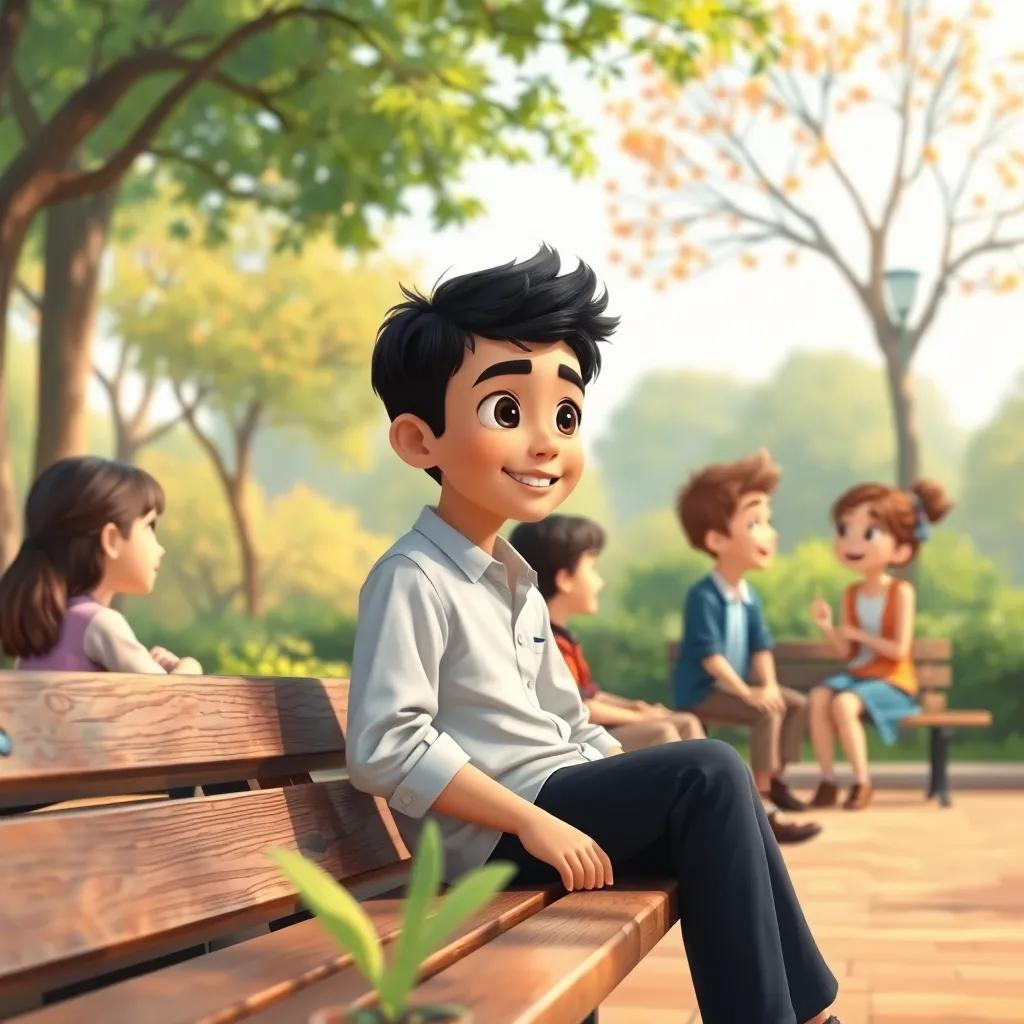 A young Arab boy, خالد, with short black hair and bright eyes, sitting on a bench in a park with friends, observing a conversation between a boy and girl, cheerful atmosphere, digital art, warm colors, engaging scene, high quality