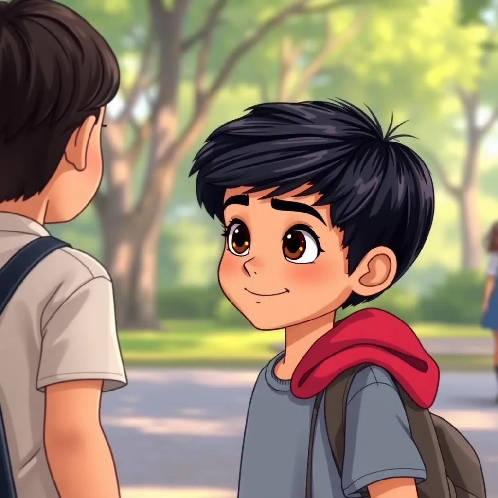 A young Arab boy, خالد, with short black hair and bright eyes, confidently stepping into a conversation between a boy and girl, showcasing determination, park background, inviting, positive tone, illustration, friendly vibe, high quality