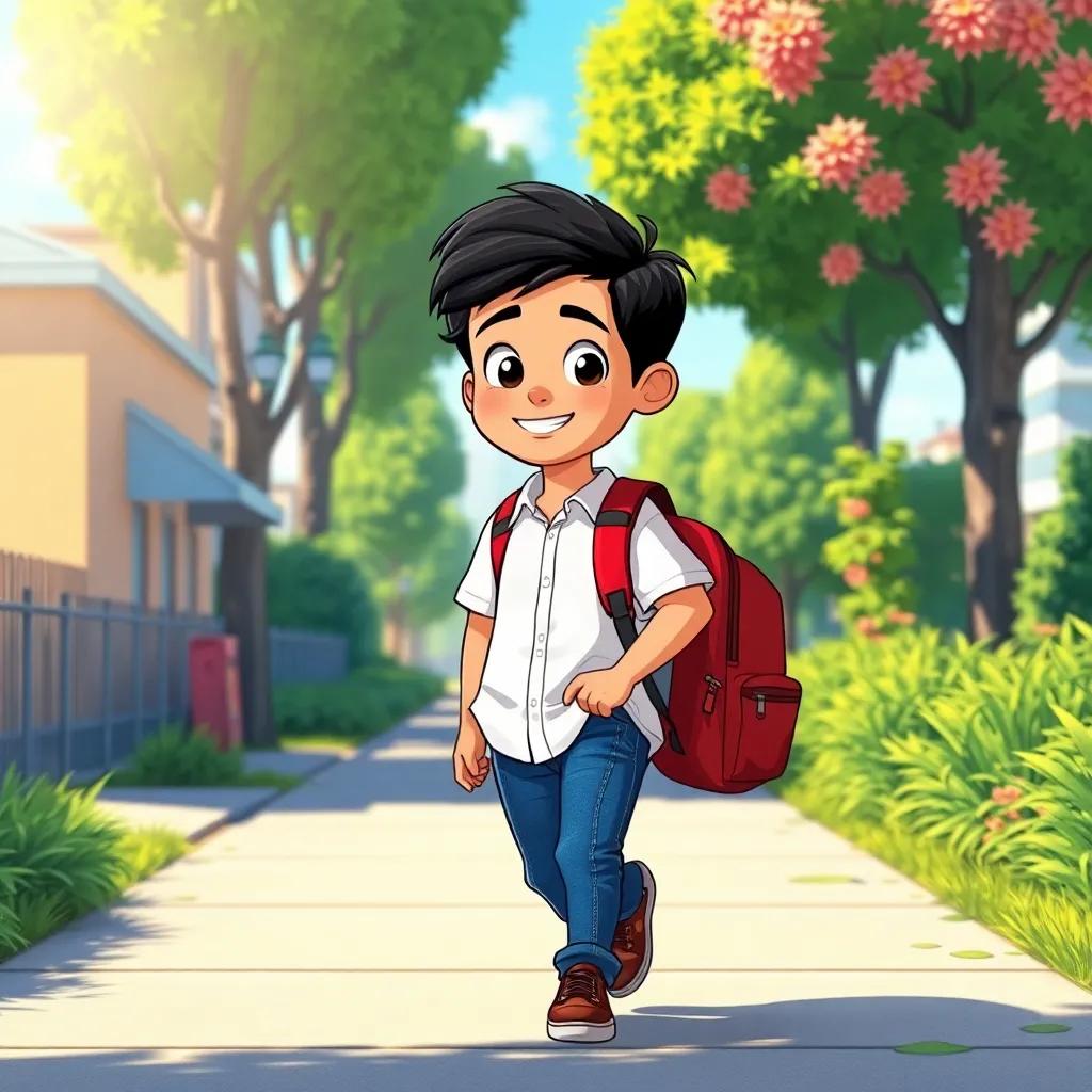 A young boy named Khaled, with short black hair, wearing a white shirt and blue jeans, walking towards his school with a backpack, bright sunny day, cheerful expression, illustration, vibrant colors, friendly atmosphere, child-friendly