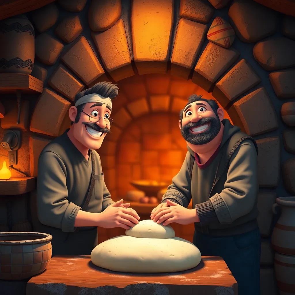 A beautiful old traditional clay oven, where a father and son are kneading dough together with big smiles, warm colors, cozy atmosphere, digital art, inviting and heartwarming, soft light, high quality