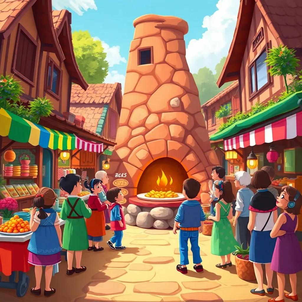 A bustling village market with colorful stalls and happy customers gathering around an old clay oven, vibrant colors, cheerful atmosphere, illustration, child-friendly, dynamic perspective, detailed