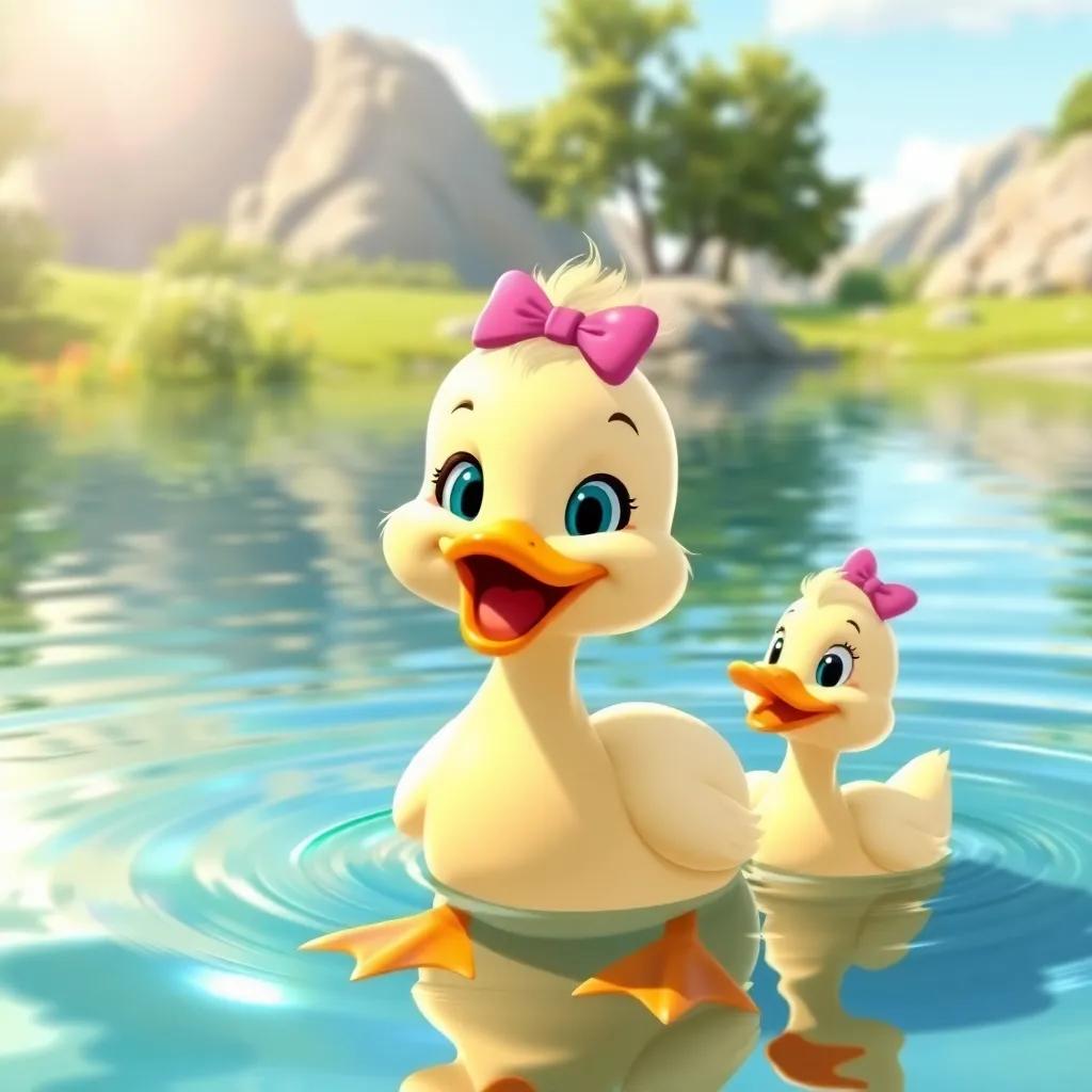 A beautiful lake with a smiling duck named Lulu, wearing a cute little bow on her head, playing joyfully with another duck named Mimi, bright sunlight, cheerful atmosphere, illustration, colorful, happy scene, child-friendly imagery