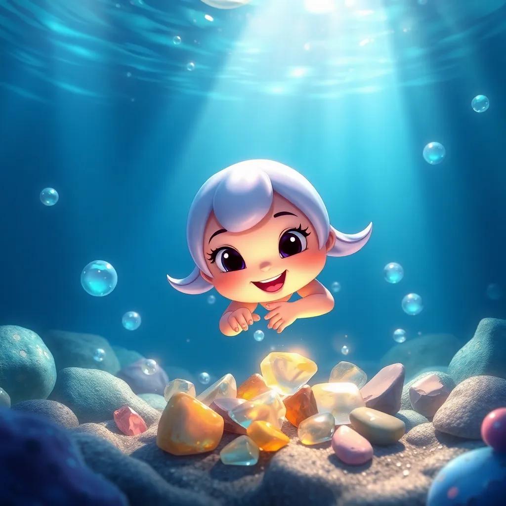 A charming scene underwater showing Lulu finding shiny stones under the water, with bubbles and light rays illuminating the treasures, magical and bright colors, fantasy style, celebration feeling, high detail, joyful
