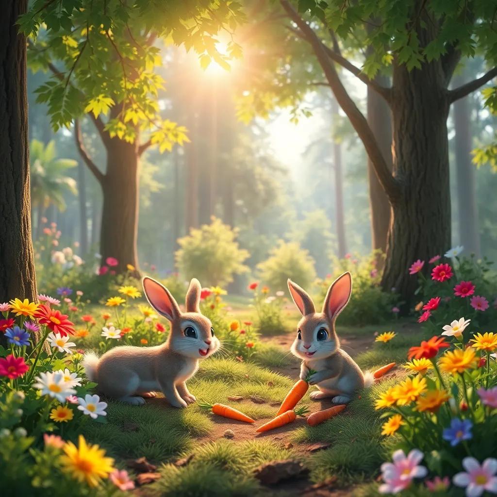 A beautiful forest scene, with sunlight shining through the leaves, colorful flowers blooming, and rabbits happily gathering carrots in the morning. Digital art, vibrant colors, cheerful atmosphere, high quality.