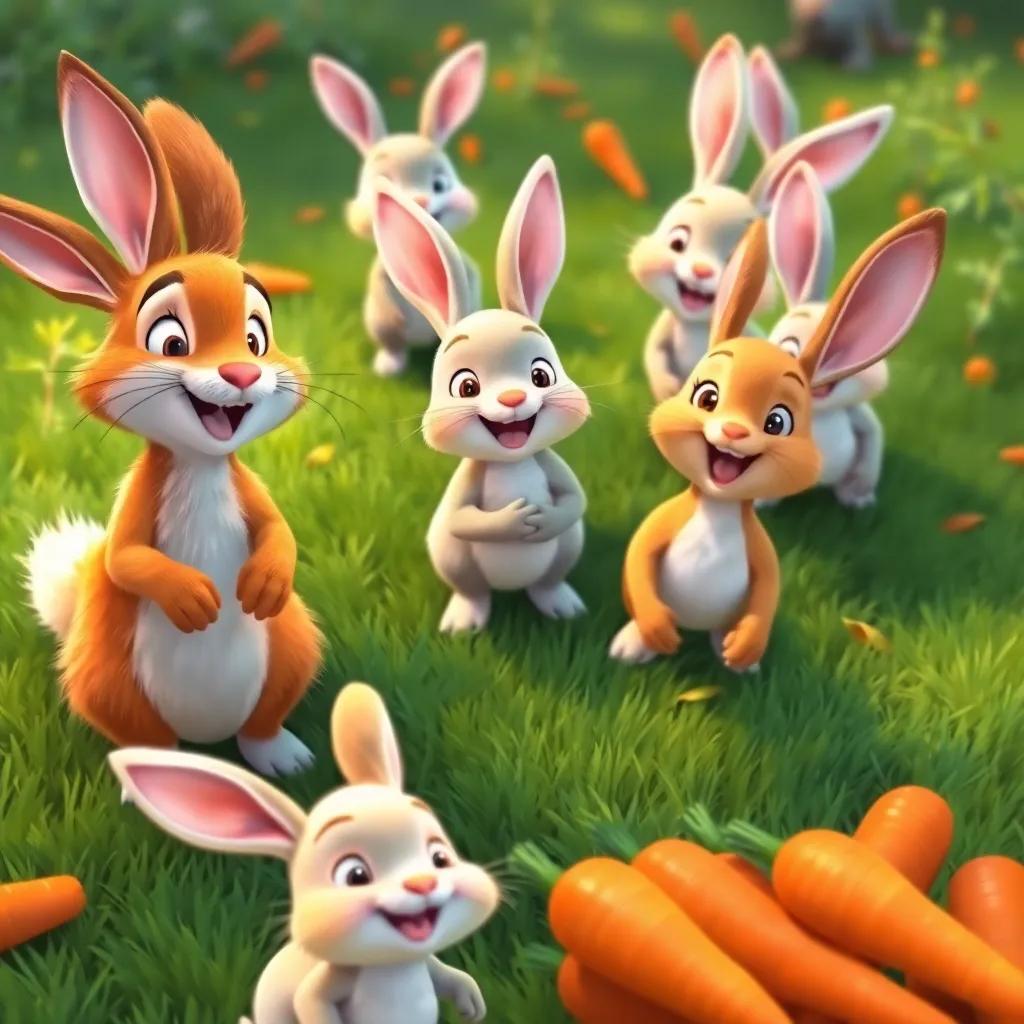 A group of excited rabbits following the fox, unaware of his trick, with lush green grass and bright orange carrots in the background, showcasing their happiness. Digital painting, lively colors, child-friendly style, quality imagery.