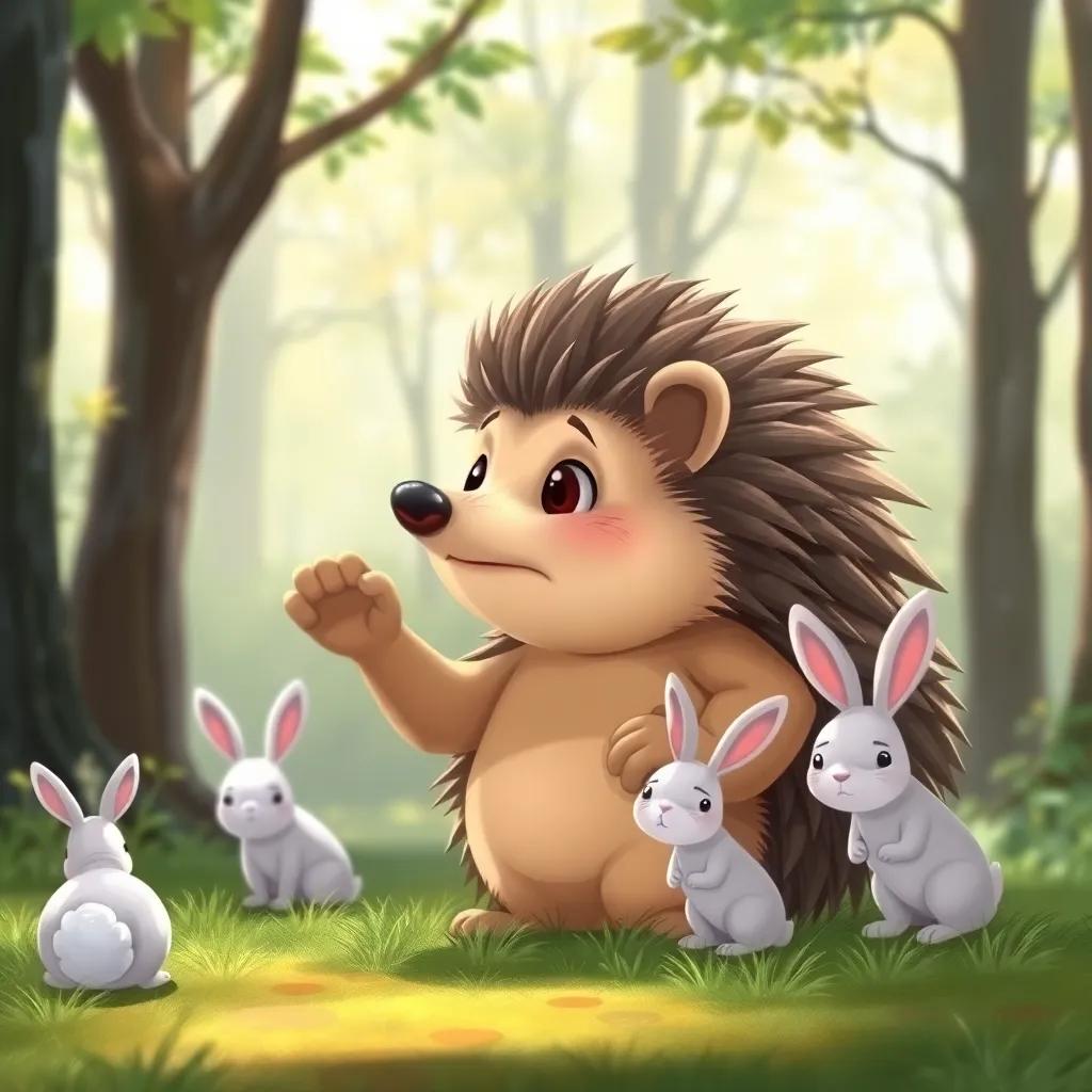 A wise hedgehog watching from a distance, raising his paw to warn the rabbits, surrounded by trees and the bright forest, emphasizing his concern. Illustration, soft colors, focused expression, storybook style.