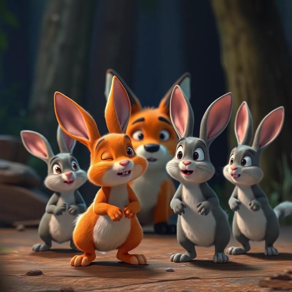 The rabbits stopping suddenly in their tracks, their eyes wide with realization, as the fox looks frustrated at being exposed, showcasing their surprise. Digital art, dynamic colors, engaging scene, high detail.