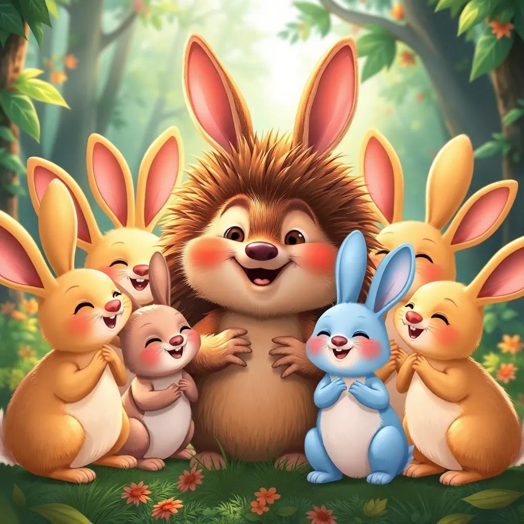 The thankful rabbits surrounding the wise hedgehog, expressing their gratitude with smiles and cheerful gestures, feeling relieved and thankful in the vibrant forest. Illustration, bright colors, heartfelt emotion, child-friendly.