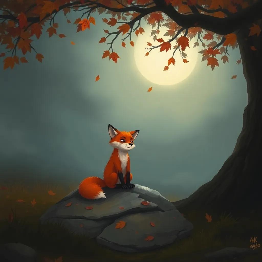 A sad fox sitting alone on a rock, pondering his choices, with a thoughtful expression, under a tree with falling leaves indicating change. Digital painting, moody colors, reflective atmosphere, high quality.