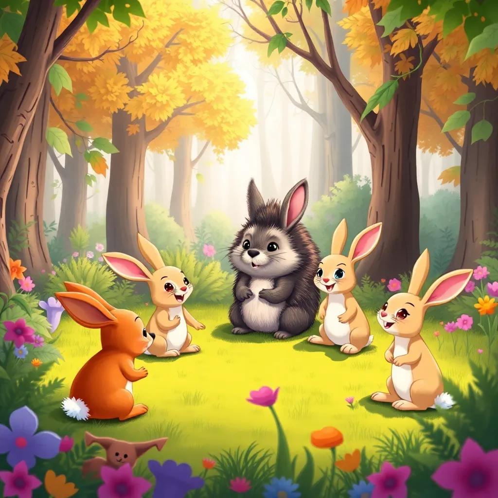 The forest filled with animals, with the rabbits happily playing, learning, and sharing together, as the hedgehog teaches them the value of trust. Illustration, bright colors, joyful gathering, fun scene.