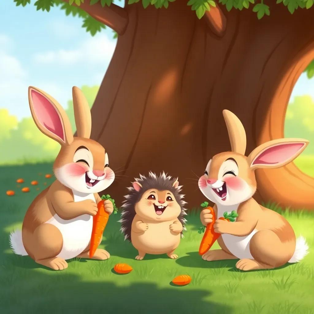 Rabbits and the hedgehog sharing delicious carrots under a sunny tree, with laughter and happy expressions, showing their friendship and cooperation. Digital art, vibrant colors, joyful theme, high quality.
