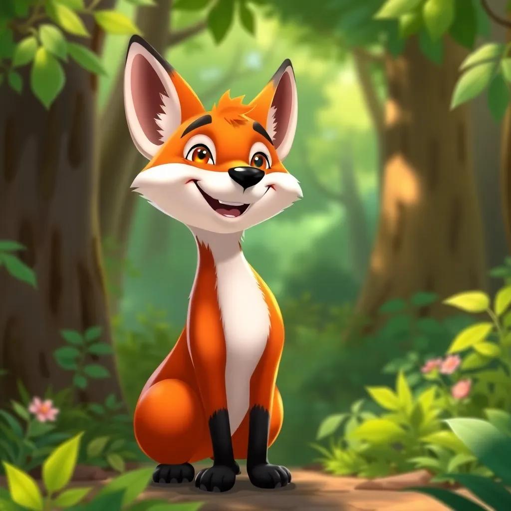 A cheerful fox in the background, deciding to change his ways and be honest, with a friendly smile, presenting a new chapter of friendship in the lush forest. Illustration, uplifting colors, positive atmosphere, bright details.