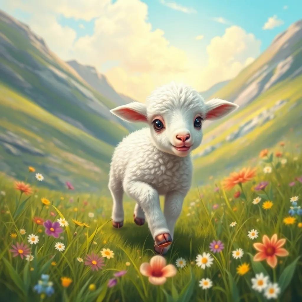 A small lamb, with fluffy white wool and curious eyes, happily running in a beautiful valley filled with green grass and colorful flowers, sunny sky, cheerful atmosphere, digital art, playful and vivid scene