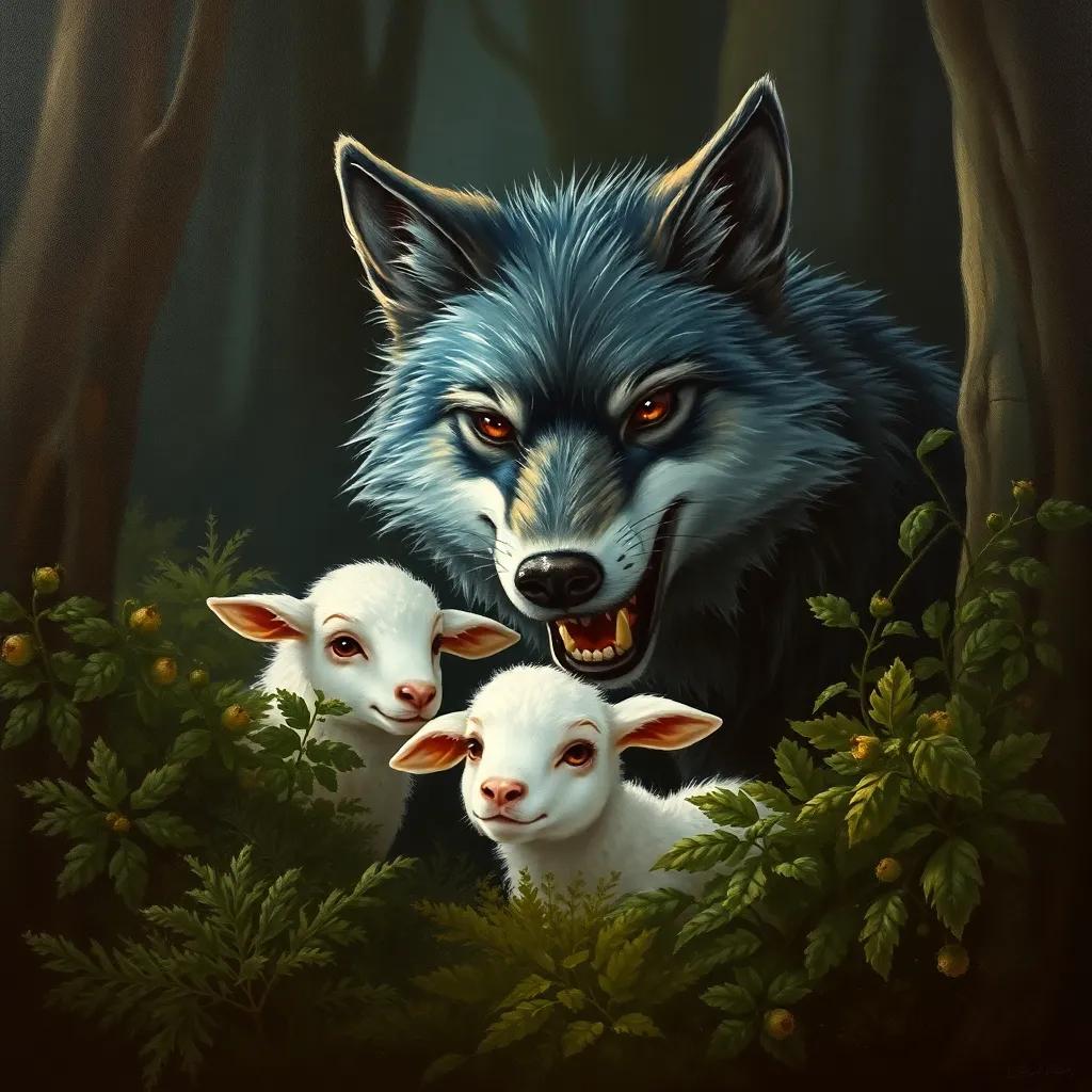 A cunning wolf, with sharp teeth and a sly expression, hiding behind bushes, watching the small lamb and pretending to be friendly, dark forest background, tension in the air, dramatic light, illustration, engaging and thrilling atmosphere