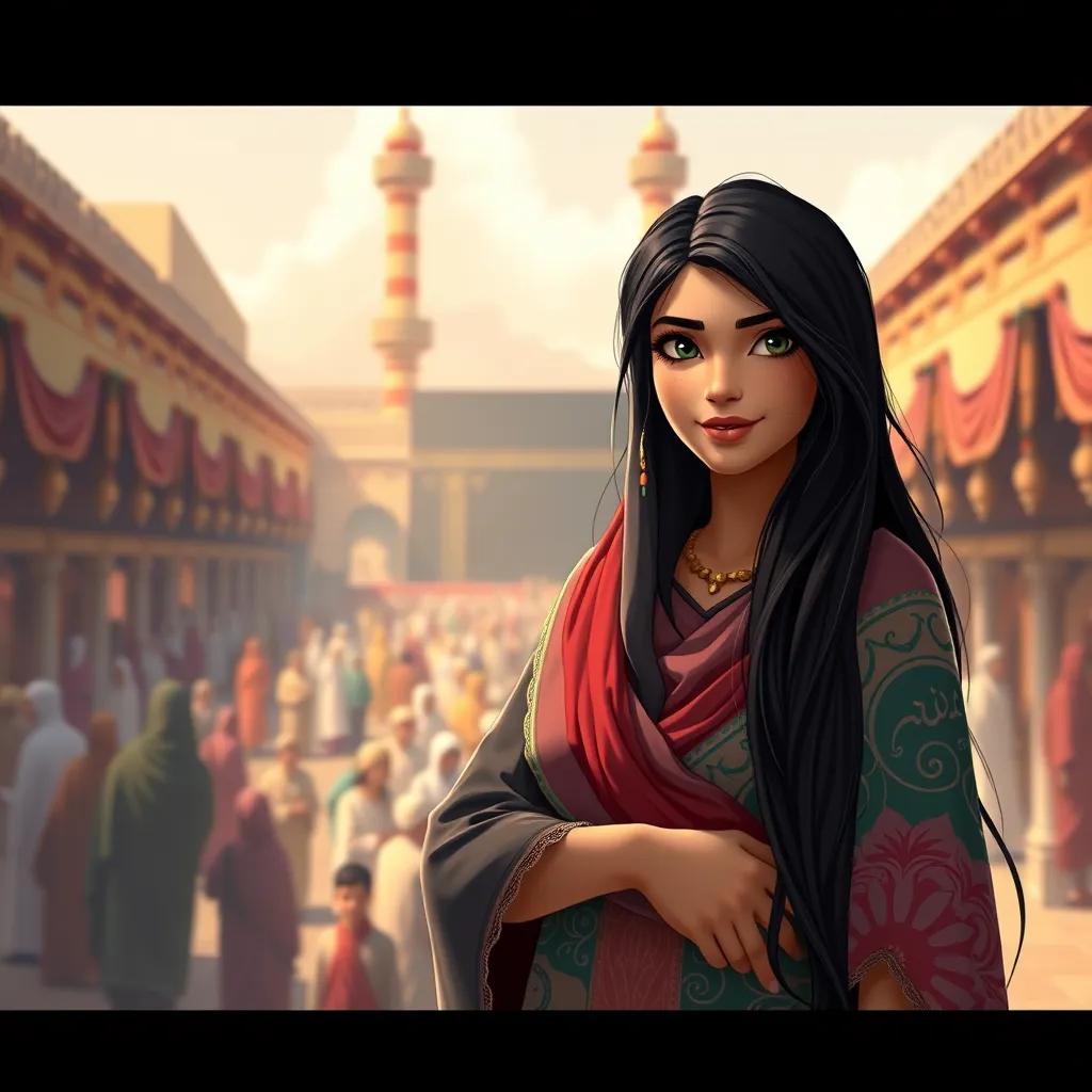 A strong Arab woman, Khadijah bint Khuwaylid, with long black hair, wearing a colorful abaya, standing confidently in front of a bustling marketplace in Mecca, detailed digital art, warm colors, historical context, high quality