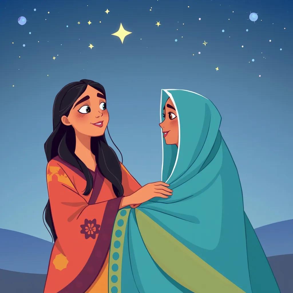 Khadijah, a strong Arab woman, with long black hair in a colorful abaya, supporting Muhammad, with stars above in a peaceful night sky, illustration, heartfelt, emotional connection, high quality