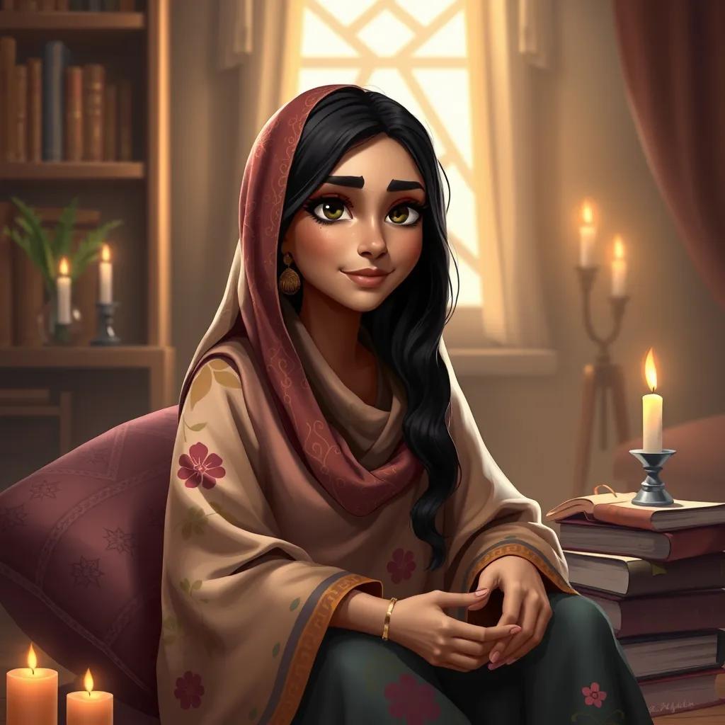 A wise Arab woman, Khadijah bint Khuwaylid, with long black hair, wearing a colorful abaya, sitting in a cozy room, with books and candles around, symbolizing wisdom and support, digital painting, soft light, inviting atmosphere, high quality