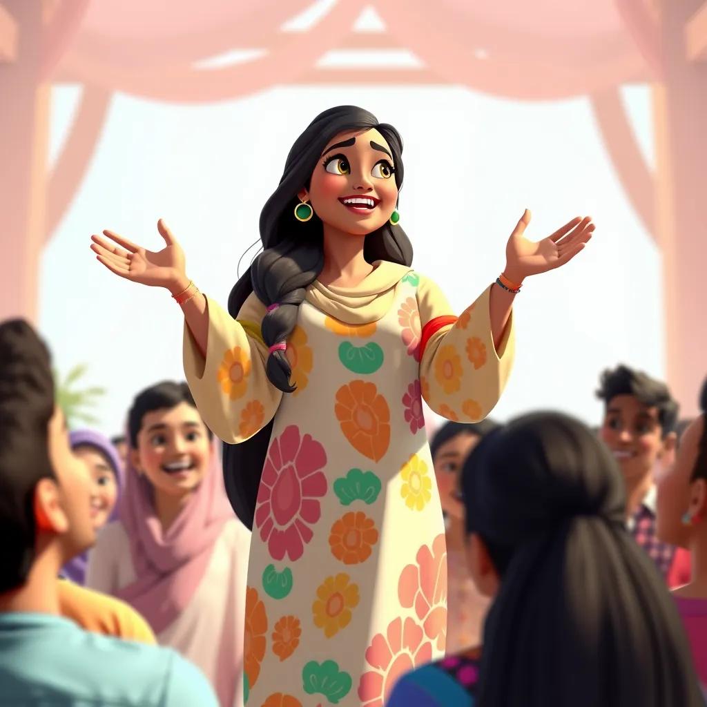 Khadijah, a strong Arab woman with long black hair in a colorful abaya, encouraging a group of people in a gathering, filled with joy and inspiration, bright colors, uplifting, community spirit, high quality