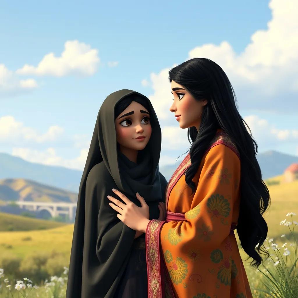 Khadijah bint Khuwaylid, a strong Arab woman with long black hair in a colorful abaya, being remembered by Muhammad in a peaceful landscape, symbolizing love and respect, realistic, serene, emotional depth, high quality