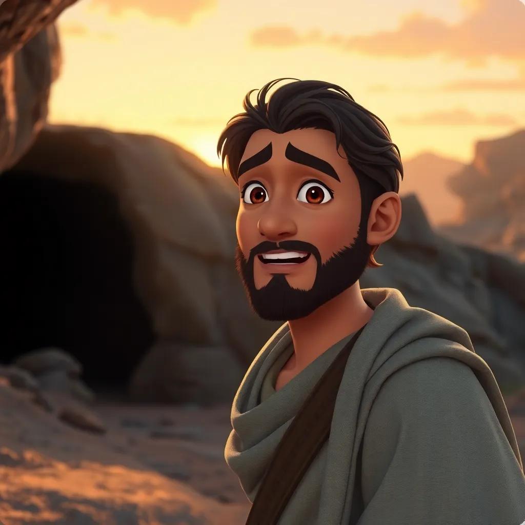 A scene of Prophet Muhammad, a man with a kind face, in simple clothes, coming out of a cave with a look of fear; in the background, a rocky landscape, warm sunset light, emotional atmosphere, digital art, high quality