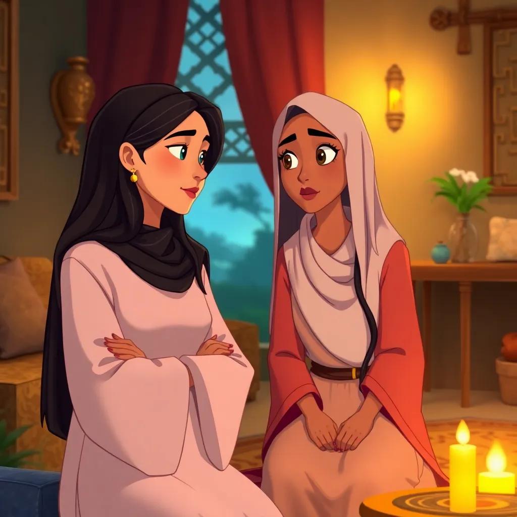 Khadija, a woman with long black hair wearing a modest dress, speaking to her cousin Waraqa ibn Nawfal, who has a thoughtful expression, in a cozy room decorated with traditional elements, warm lighting, comforting ambiance, illustration, detailed and colorful.