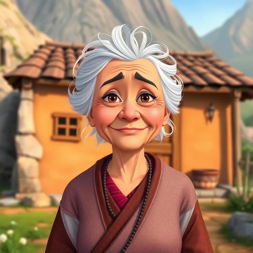 An elderly woman, Roida, in traditional clothing, with a gentle smile, is standing in front of her small house in a mountain village, looking worried, illustration, warm colors, cheerful atmosphere, high quality