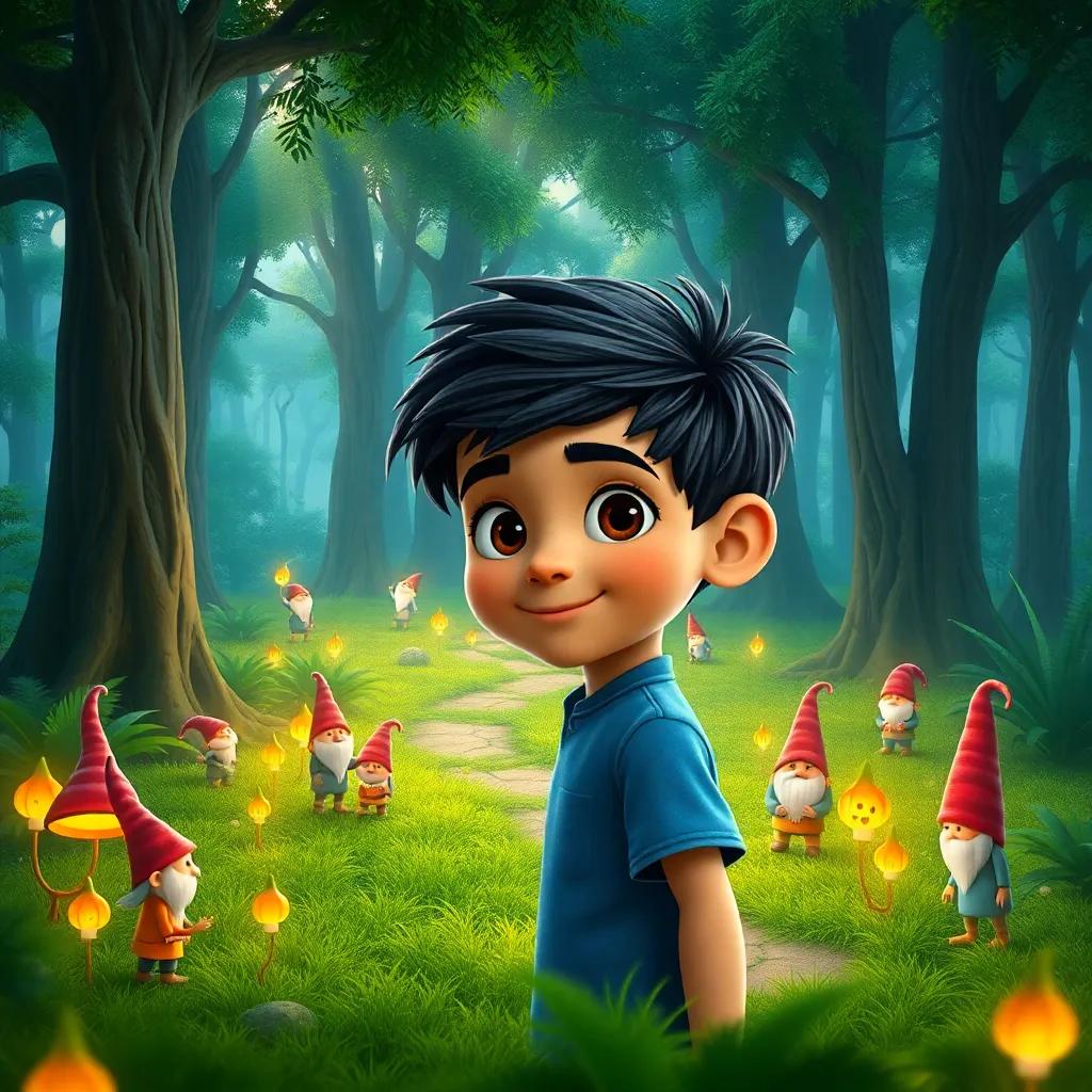 Yazan, a young Arab boy with short black hair in a blue shirt, entering a magical world filled with friendly gnomes, glowing plants, and tall trees in a peaceful green forest, vibrant digital art, enchanting atmosphere, high quality