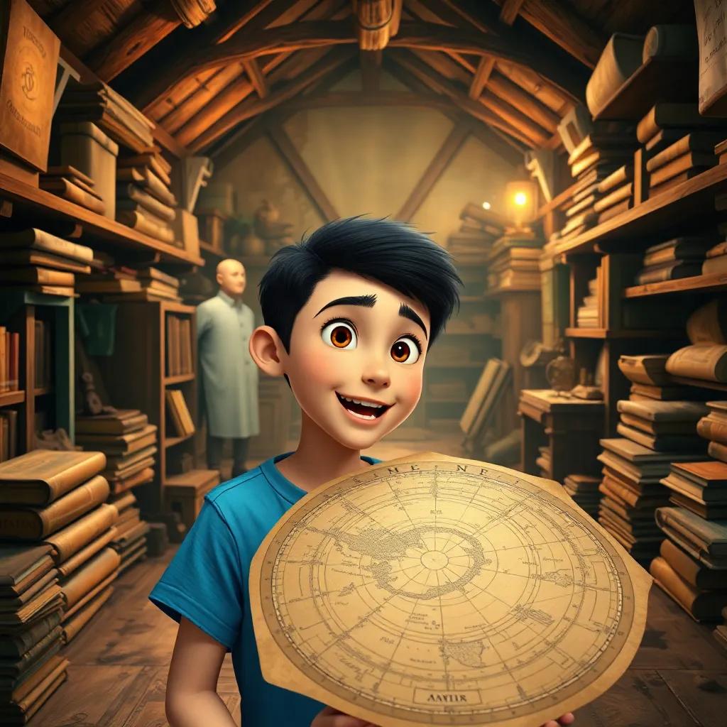 A young Arab boy, Sami, with short black hair and wearing a blue t-shirt, looking excitedly at an ancient star map in a dusty attic filled with old books and artifacts, digital art, warm light, cozy atmosphere, inviting perspective, high quality