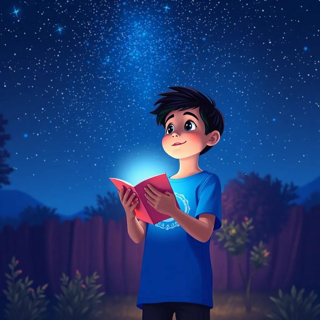 Sami, a young Arab boy with short black hair in a blue t-shirt, standing in a dark garden at night, gazing up at a sky full of stars while holding the glowing map in his hands, digital illustration, vibrant colors, magical ambiance, whimsical perspective, high quality