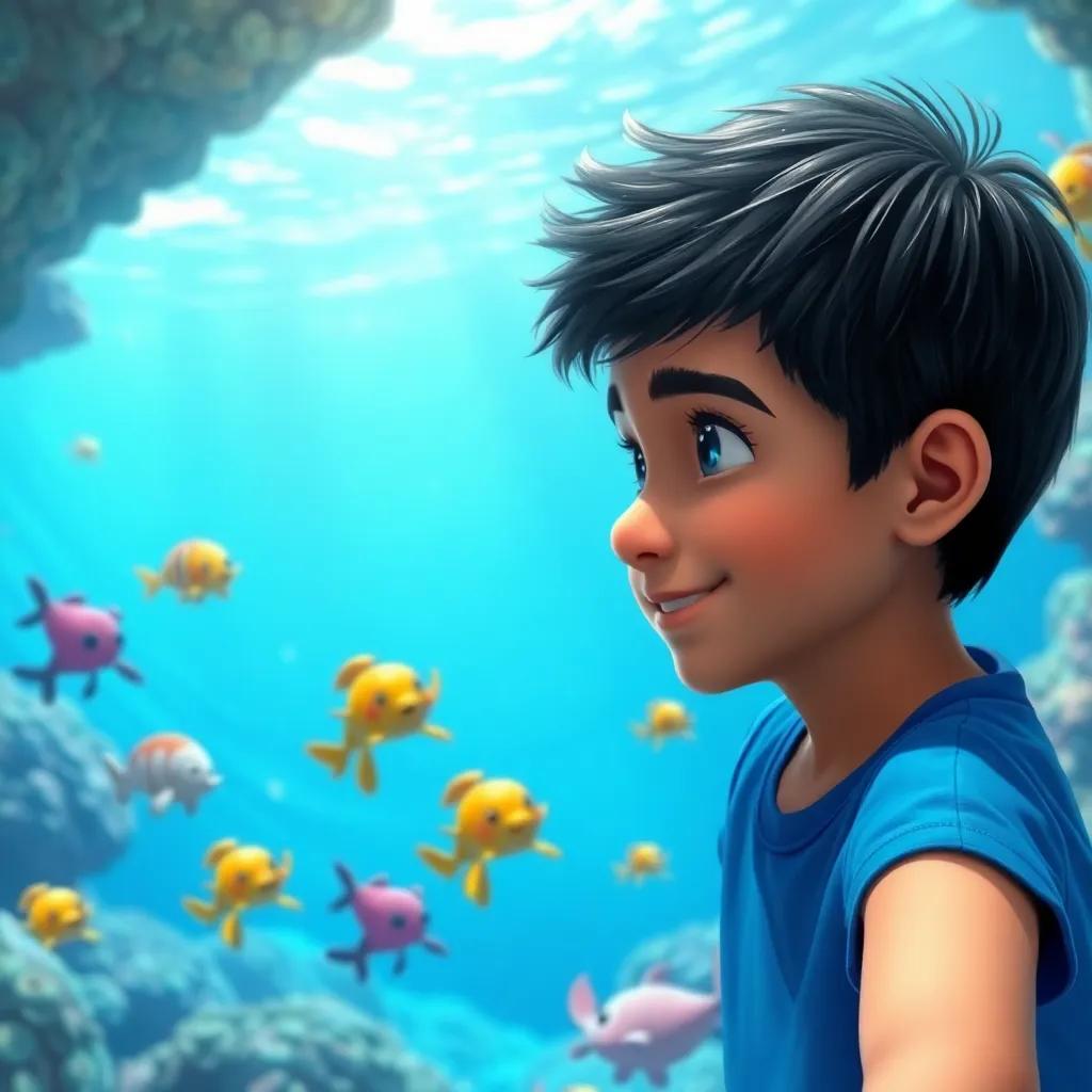 Sami, a young Arab boy with short black hair in a blue t-shirt, encounters a vibrant blue water planet with friendly aquatic creatures swimming around, digital painting, bright and lively colors, underwater exploration theme, immersive perspective, high quality