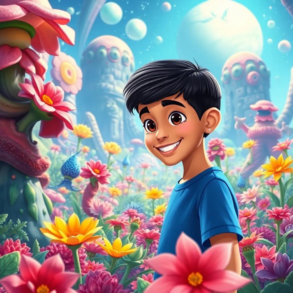 Sami, a young Arab boy with short black hair in a blue t-shirt, exploring a colorful alien planet filled with unique plants and flowers, smiling as he learns about them, illustration, vibrant and fantastical scenery, awe-inspiring perspective, high quality