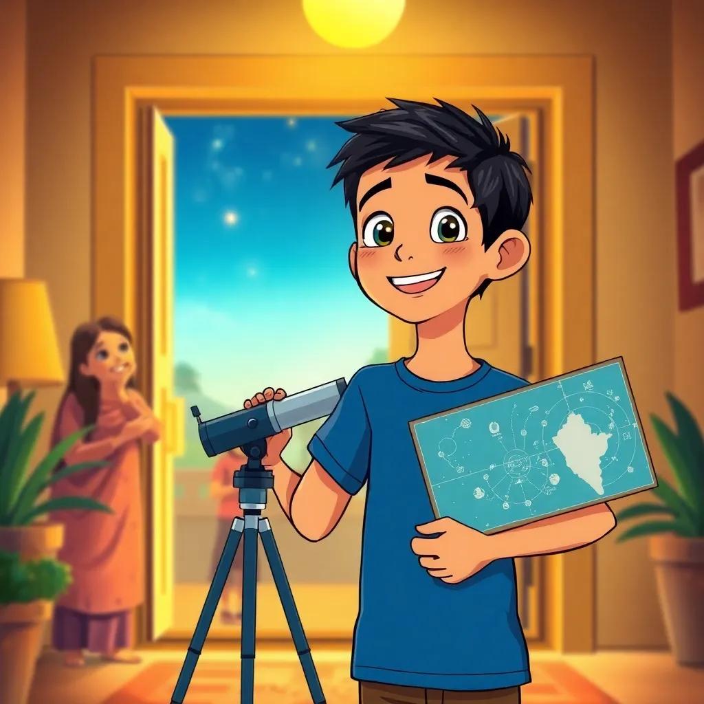 Sami, a young Arab boy with short black hair in a blue t-shirt, returning home with a telescope and star map, his family welcoming him excitedly at the door, heartwarming scene, warm colors, joyful atmosphere, uplifting perspective, high quality