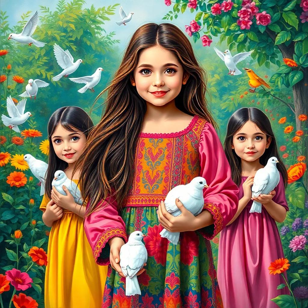 A young Arab girl, Khuzama, with long, flowing hair, wearing a colorful dress, standing with her sisters in a lush garden, holding white doves, cheerful atmosphere, vibrant colors, child-friendly, high quality