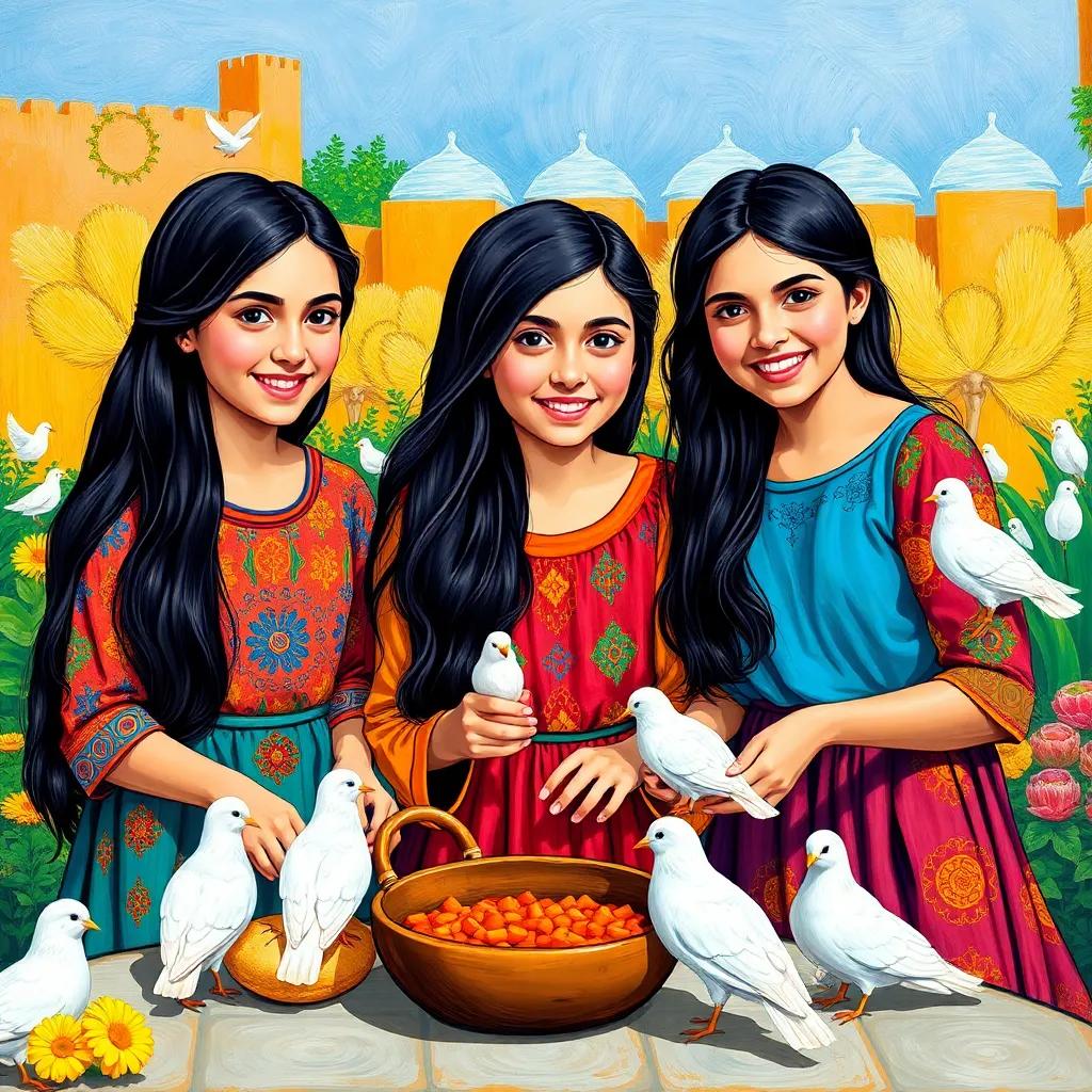 Three young Arab girls, Khuzama, Leila, and Nora, with long dark hair, wearing colorful dresses, cooking in a sunny garden with white doves, happy expressions, bright colors, joyful scene, high quality