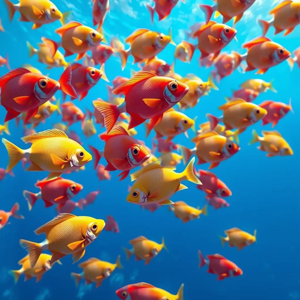 A colorful school of fishes swimming in a clear blue ocean, with fins spread out, digital art, vibrant colors, bright atmosphere, high quality