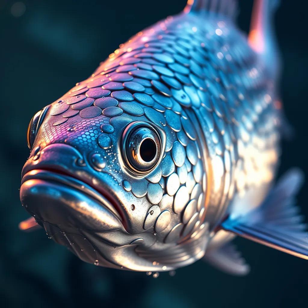 A close-up of a fish covered in shiny scales, swimming gracefully through the water, detailed digital art, shimmering silver and blue scales, captivating perspective, high quality