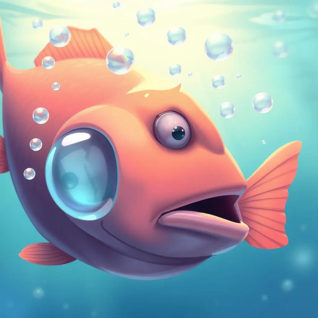 A fish breathing water through its gills, with bubbles rising around it, illustration, soothing colors, underwater view, gentle light, high quality