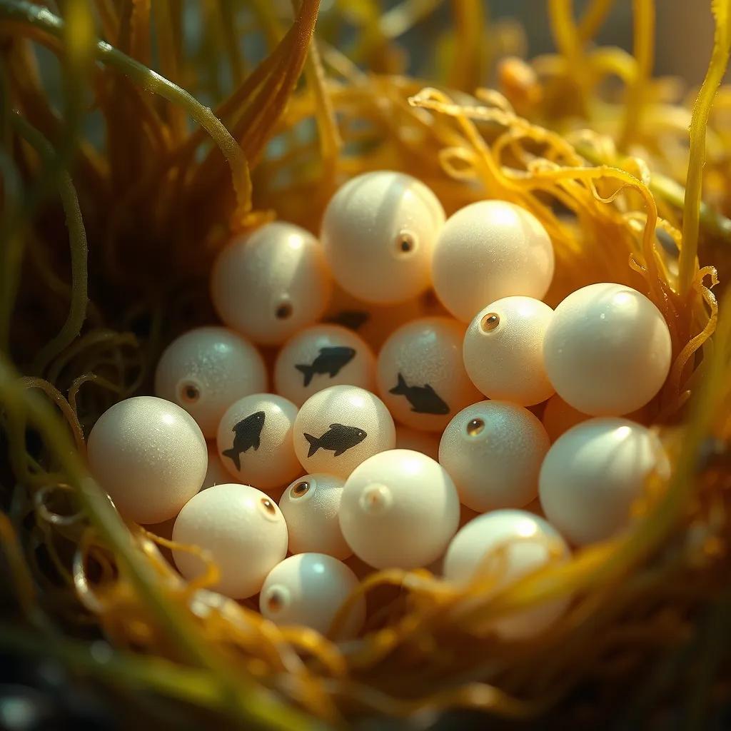 A cluster of fish eggs nestled in seaweed, with tiny fish silhouettes forming in the eggs, fantasy art, soft light, warm color palette, immersive perspective, high quality