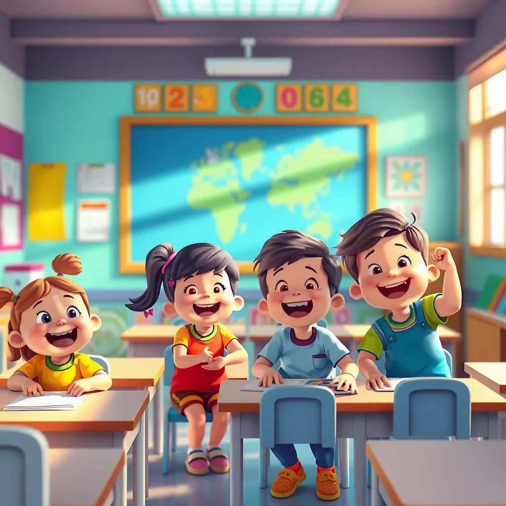 فهد وأصدقاؤه يُظهرون ما تعلموه للمعلم في الصف، يبتسم المعلم بفخر، kids happy, colorful classroom, artistic, bright light, vibrant colors, high quality